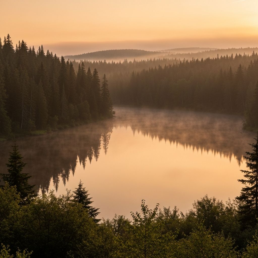 Matahari terbit di atas danau tenang, melambangkan energi alami