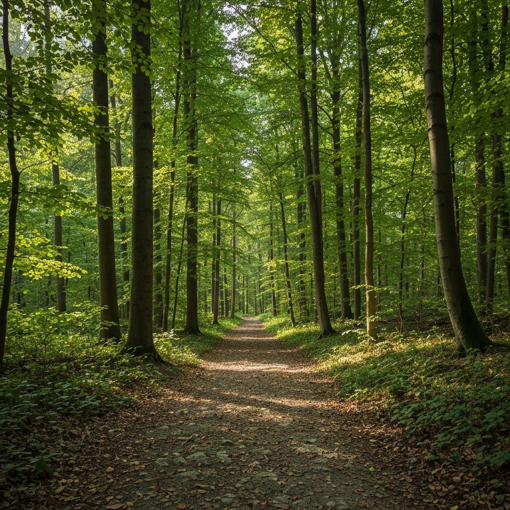 Jalur setapak di hutan hijau yang rimbun