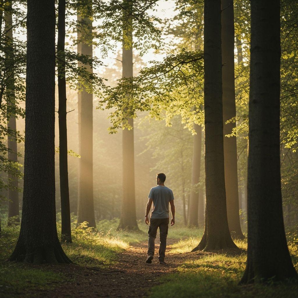 Seseorang berjalan di jalur hutan yang tenang di pagi hari