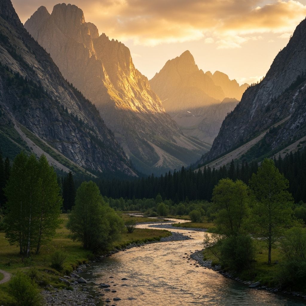 Pemandangan gunung yang tenang melambangkan keseimbangan dan kebijaksanaan